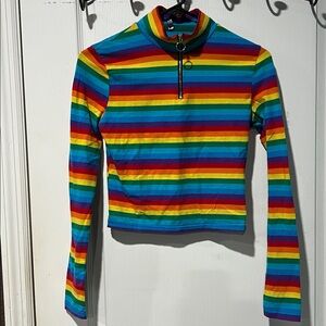 Kidcore Rainbow mock-turtle neck long sleeve striped zip up/down Crop shirt.